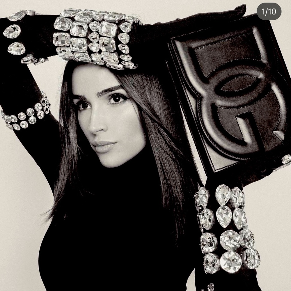 Dolce & Gabbana Kim Long Jersey Gloves with Rhinestone Embellishment - Black